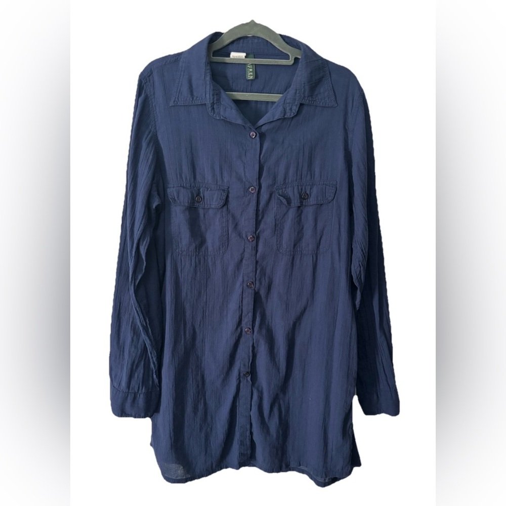 LAUREN RALPH LAUREN Shirt Tunic Crushed Cotton Blue Roll Tab Sleeves Size Large